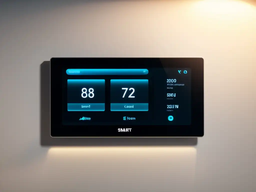 Panel de control inteligente para hogar, mostrando datos de eficiencia energética y opciones de programación, integrado en la decoración moderna