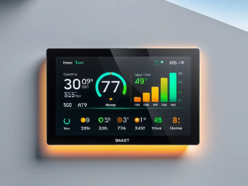 Panel de control inteligente para hogar, con pantalla táctil y estadísticas de eficiencia energética en pared blanca