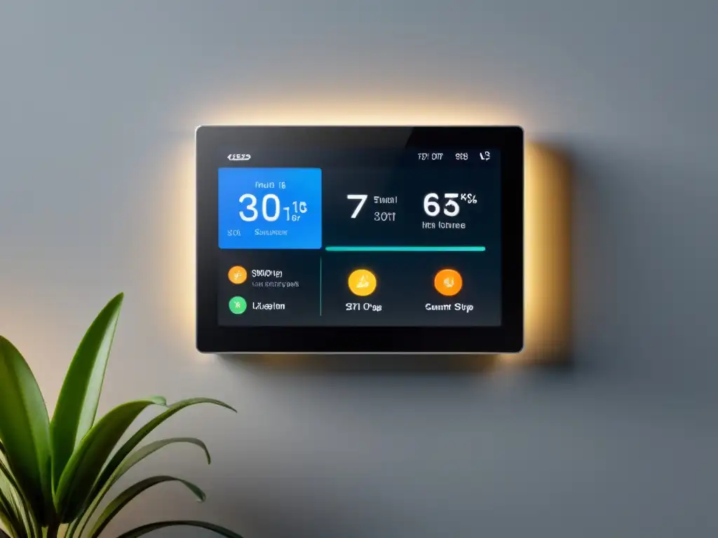 Panel de control inteligente para hogar sostenible con estadísticas de energía y controles de automatización para iluminación, temperatura y electrodomésticos, rodeado de iluminación LED ambiental y un espacio elegante y ecológico con diseño sostenible