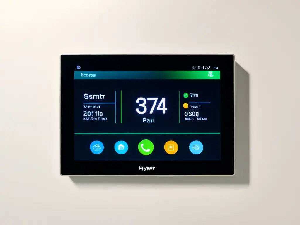 Panel de control inteligente para el hogar con pantalla táctil, mostrando datos de consumo de energía en tiempo real