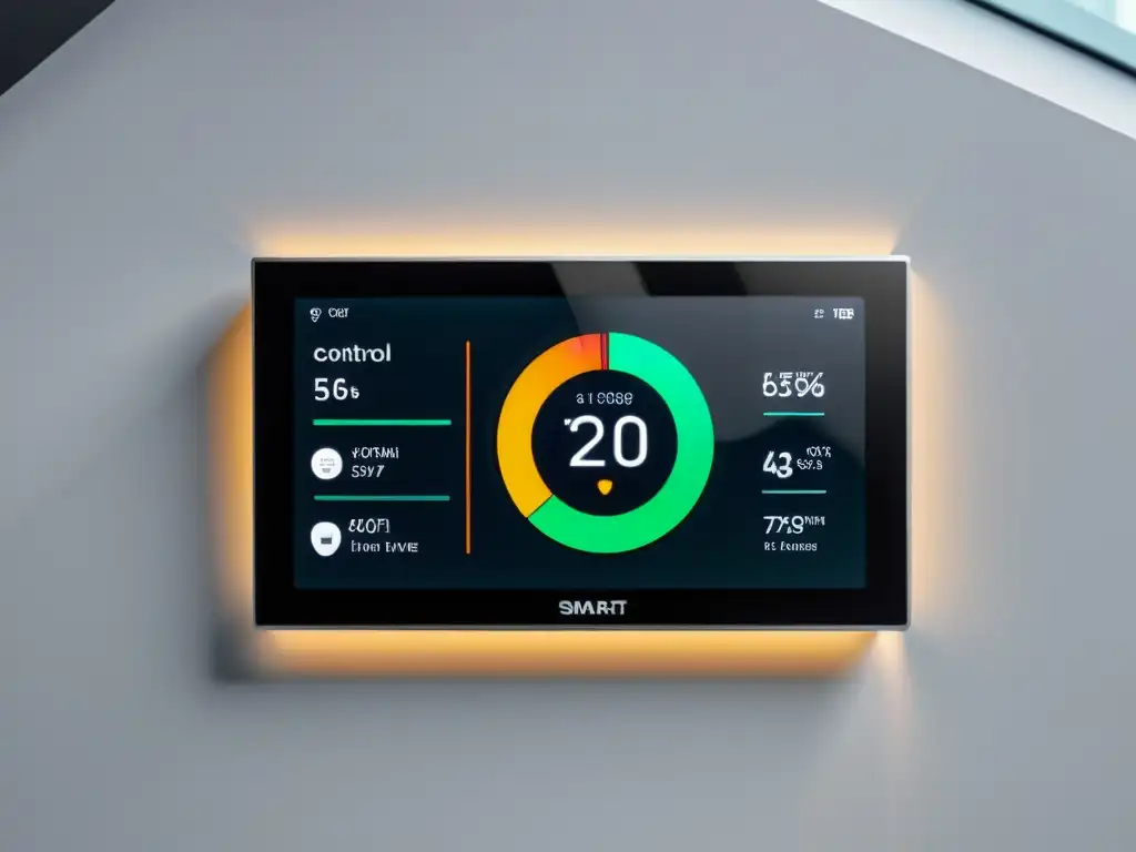 Panel de control inteligente para el hogar con diseño futurista y eficiencia energética, rodeado de luz ambiental