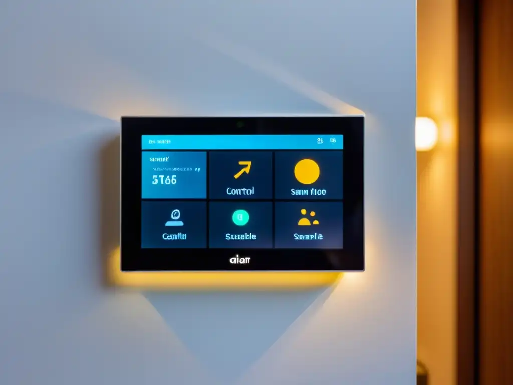 Panel de control inteligente para hogar sostenible con comandos de voz, integrado en un ambiente moderno y ecoamigable