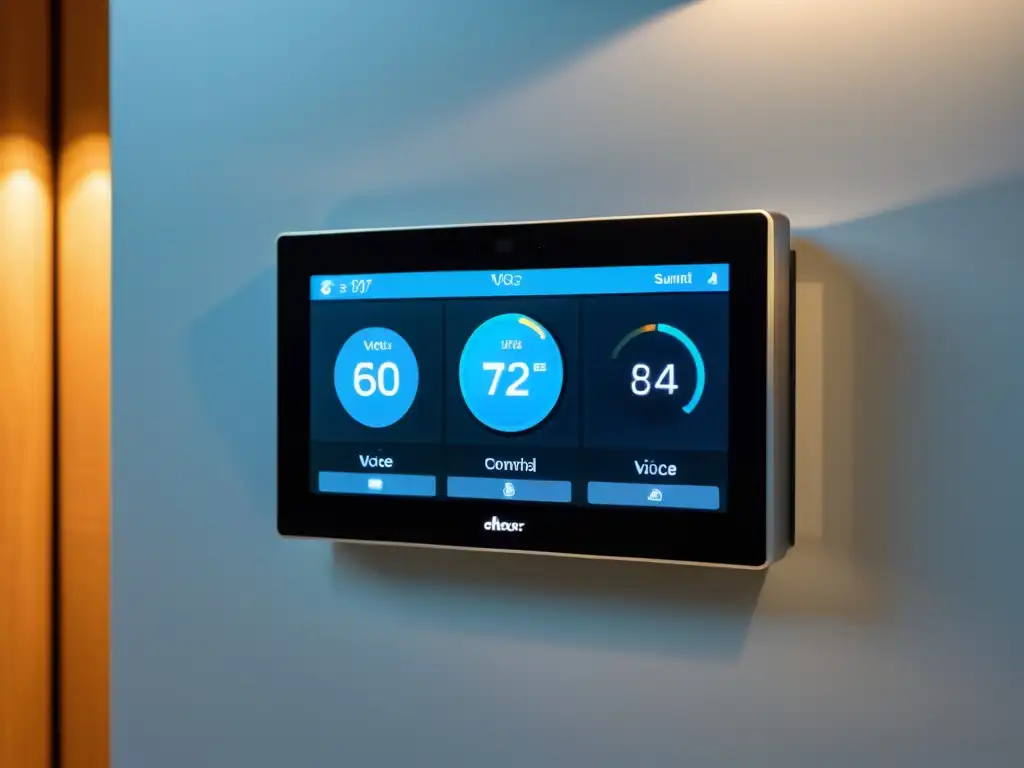 Panel de control inteligente para hogar sostenible con comandos de voz, diseño minimalista y dispositivos integrados