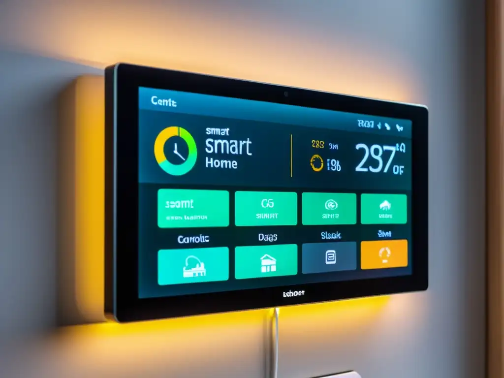 Panel de control inteligente en una sala de estar sostenible, mostrando estadísticas de uso de energía y seguridad