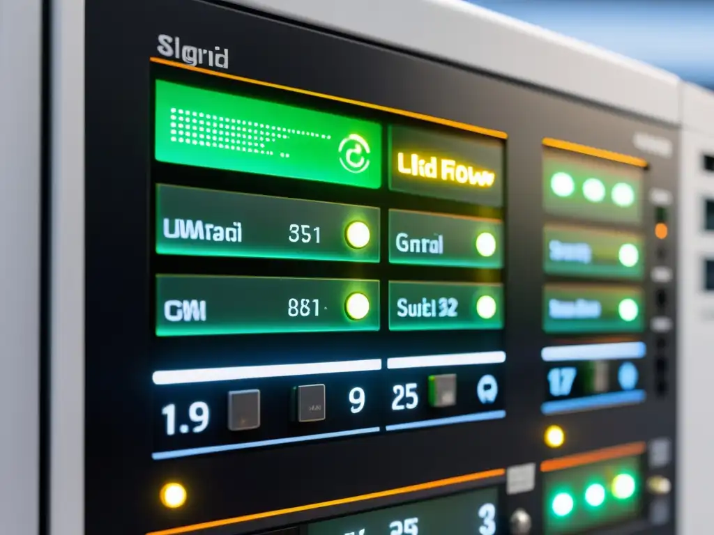 Panel de control de microred moderno y elegante con luces LED que indican flujo de energía sostenible