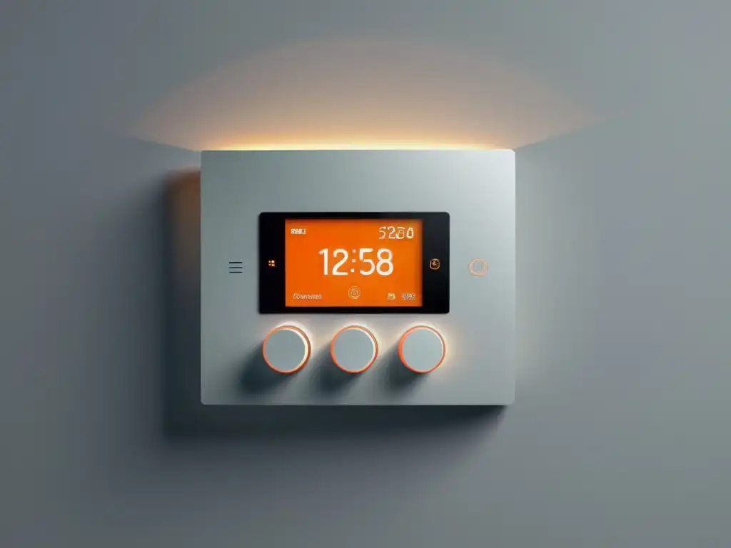 Panel de control de calefacción moderno y minimalista en pared blanca, con iluminación suave