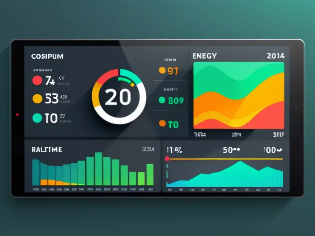 Panel de control moderno y minimalista que muestra datos de consumo de energía en tiempo real con gráficos coloridos y fáciles de leer