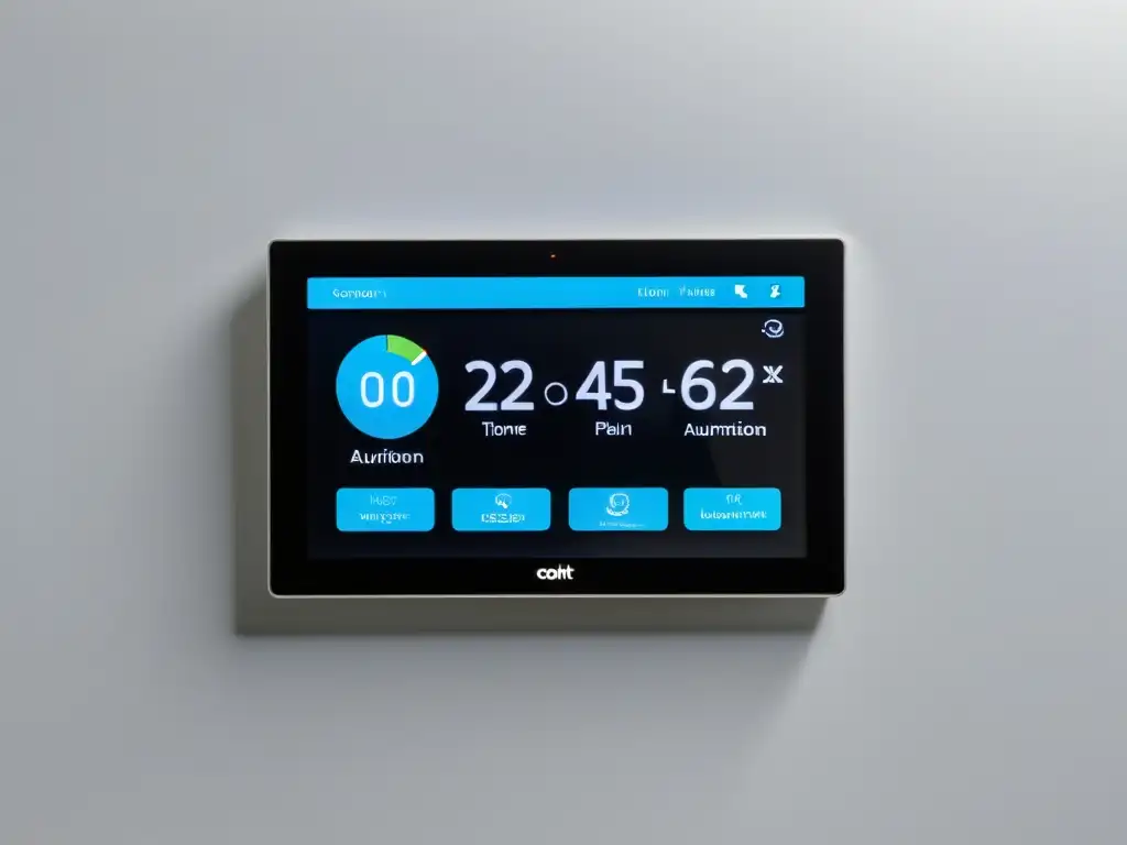 Panel de control de sistema de automatización del hogar para consumo energético, moderno y minimalista en pared blanca