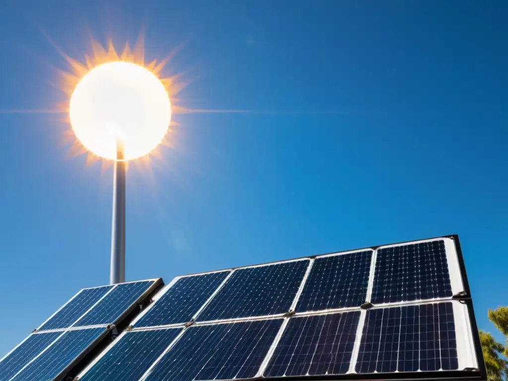 Un panel solar de alta tecnología con marco negro, reflejando la luz del sol en un cielo azul brillante