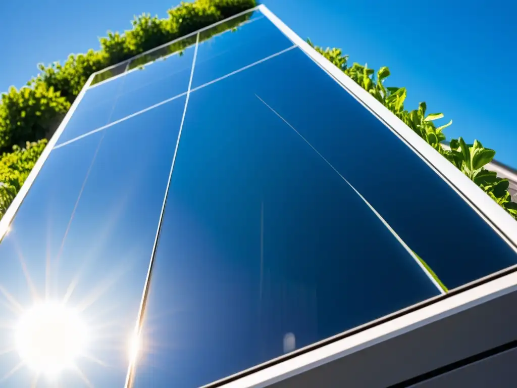 Un panel solar bifacial moderno y elegante instalado en un techo plano, con células solares detalladas y reflejos de luz solar