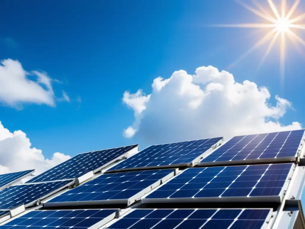 Un panel solar biofotovoltaico moderno y elegante capturando la luz solar en un techo, con un fondo natural de cielo azul y nubes blancas