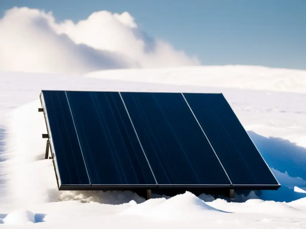 Panel solar cubierto de nieve, con cristales de hielo y cielo nublado, evocando la importancia del mantenimiento de paneles solares en mal tiempo