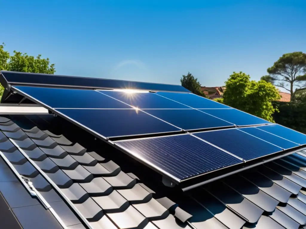 Un panel solar flexible negro integrado en el techo de una casa moderna, capturando la luz solar con precisión