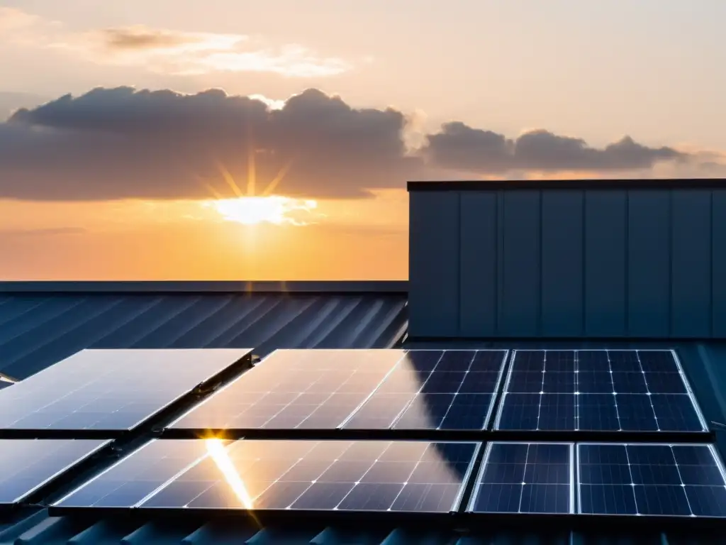 Un panel solar moderno instalado en un tejado, con el sol brillando detrás