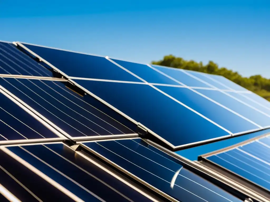 Un panel solar negro y brillante captura la luz del sol en un día despejado, creando un patrón geométrico