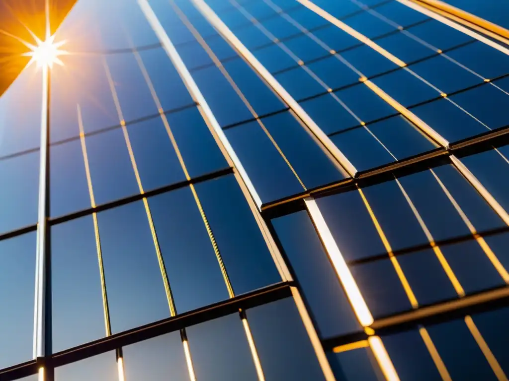 Un panel solar negro de gran detalle capta la luz dorada en un lado y refleja el entorno con gran claridad en el otro