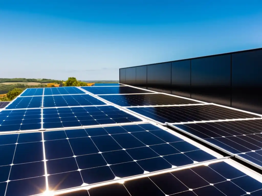 Un panel solar negro y moderno instalado en un edificio de líneas limpias, evocando avances tecnológicos en paneles solares para comunidades