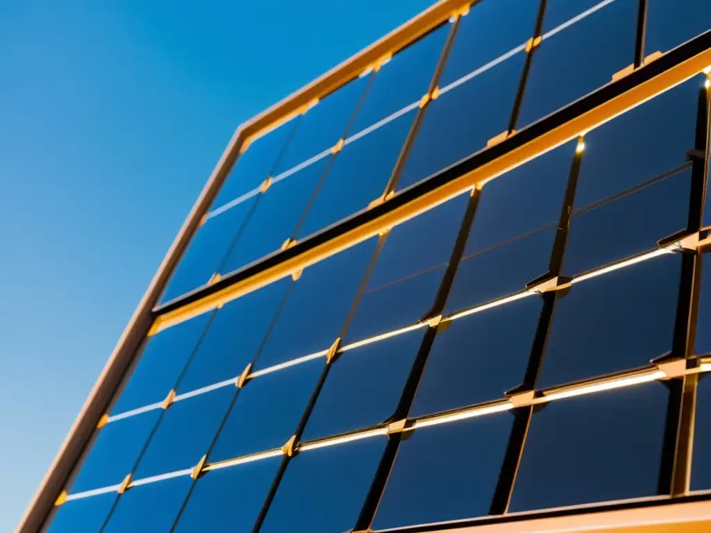 Un panel solar negro capturando los rayos dorados del sol en un cielo azul