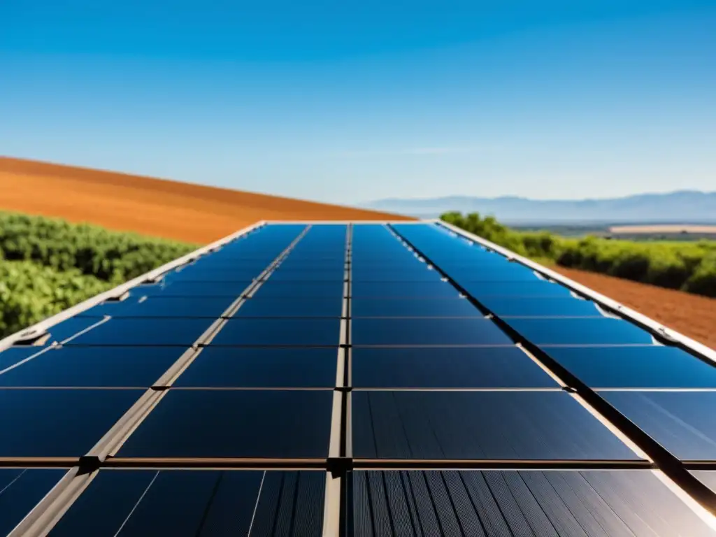 Un panel solar negro reluciente capta la luz solar con detalle, en contraste con el cielo azul despejado