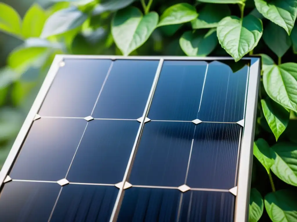 Un panel solar negro y reluciente resalta entre el follaje verde, mostrando sus células individuales y reflejando la luz solar