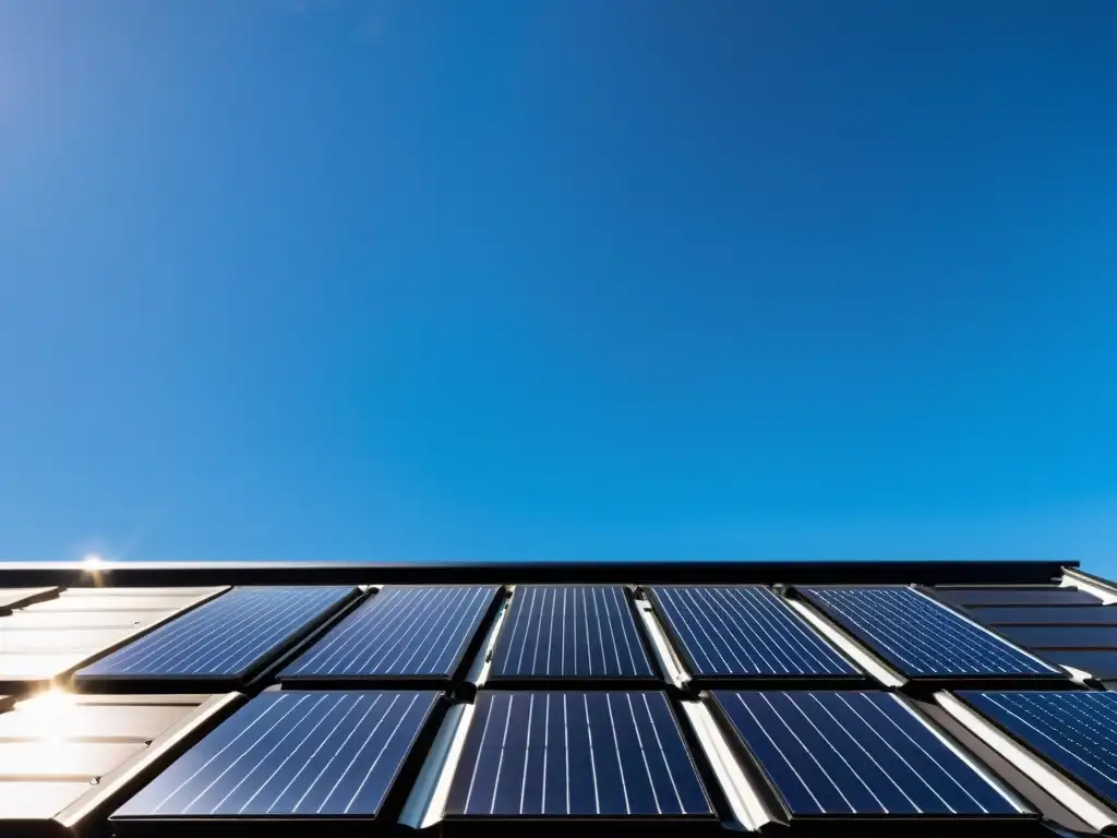 Un panel solar de película delgada negro y elegante brilla bajo el sol en un techo moderno y minimalista