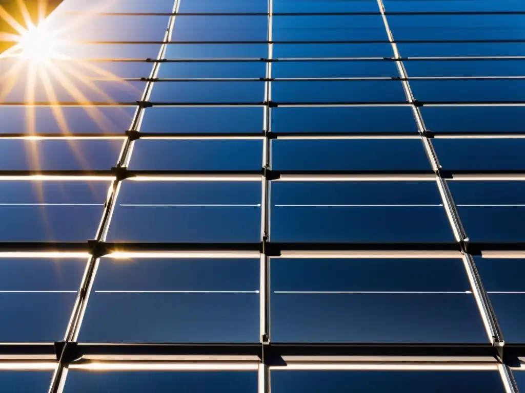 Paneles de bioenergía eficientes capturando la luz solar en un diseño minimalista y simétrico, contrastando con el cielo azul vibrante