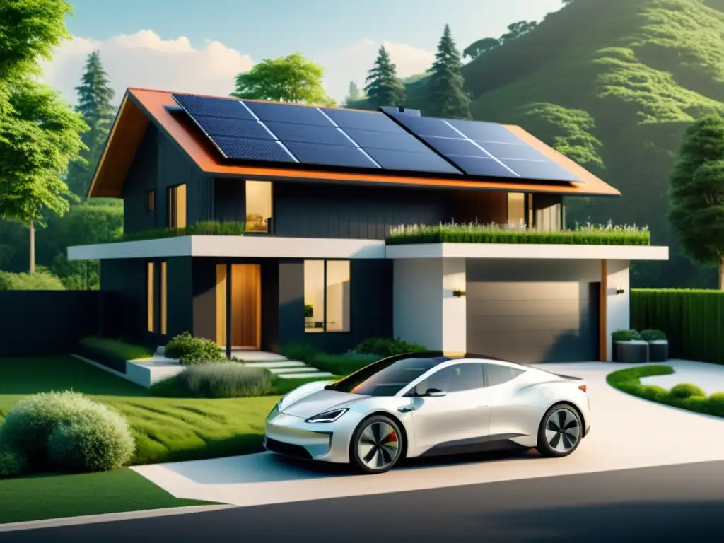 Casa ecológica con paneles solares, jardín y auto eléctrico