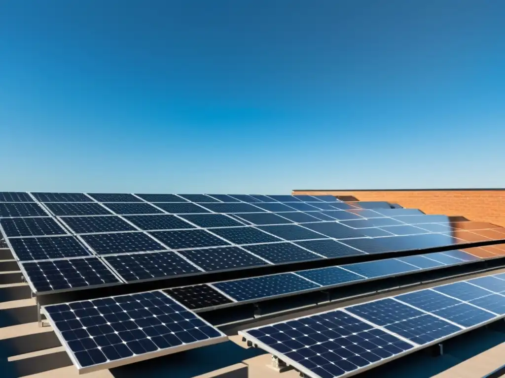 Paneles solares para autosuficiencia en moderno diseño geométrico, brillando bajo el cielo azul