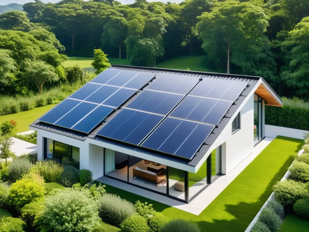 Incorporar paneles solares en casa: Casa moderna con paneles solares integrados en el techo, rodeada de exuberante vegetación y cielo azul vibrante