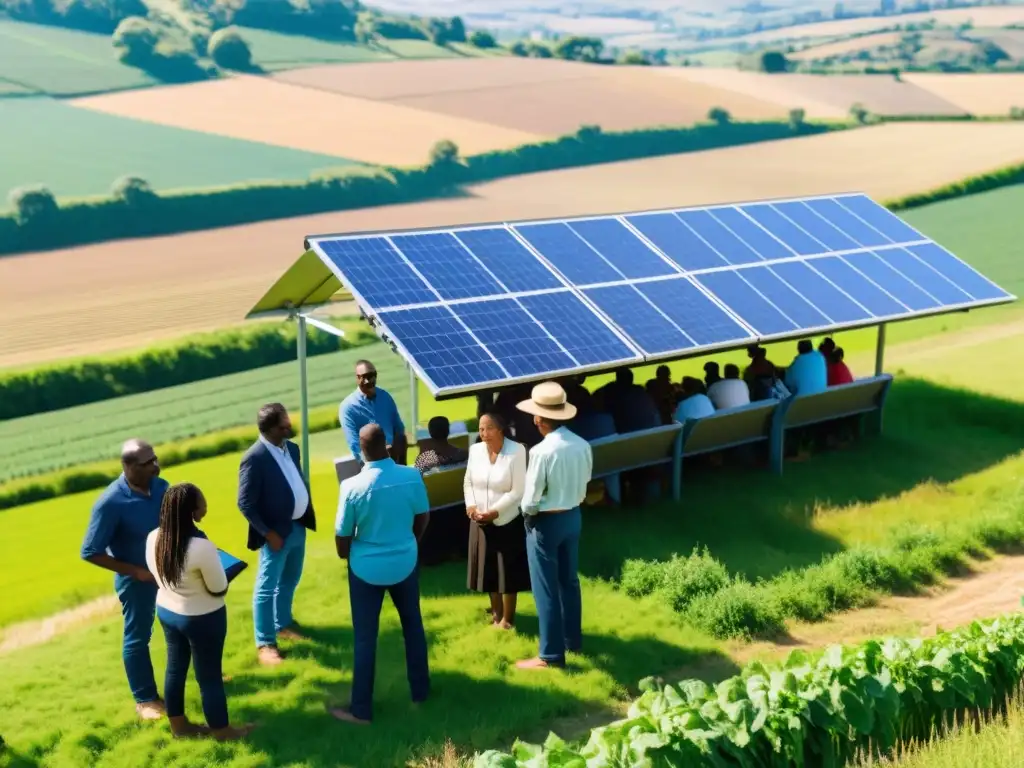 Implementación paneles solares comunitarios en una comunidad rural, con miembros diversos observando y discutiendo su instalación, rodeados de campos verdes y un cielo azul brillante