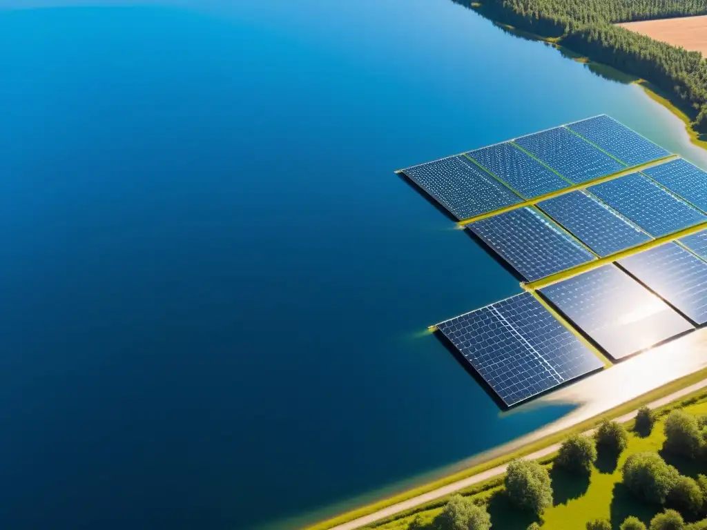 Paneles solares flotantes para masas de agua crean armonía e innovación en un lago sereno y reflectante