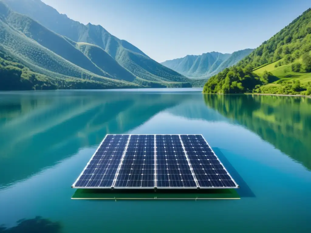 Paneles solares flotantes para masas de agua en un lago sereno rodeado de montañas verdes y cielo azul