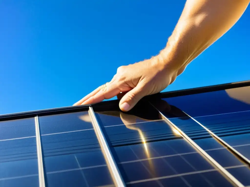 Limpiando paneles solares de forma segura bajo el cielo azul, cada detalle refleja el meticuloso proceso de mantenimiento profesional