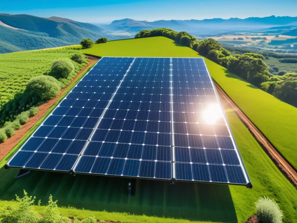 Paneles solares integrados con almacenamiento térmico, en un paisaje de cielo azul y vegetación exuberante