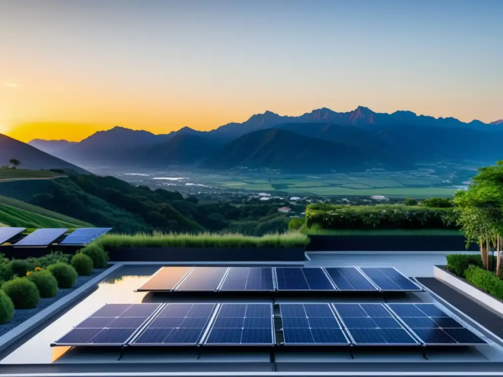 Paneles solares en moderna azotea residencial capturando el cálido brillo del sol poniente