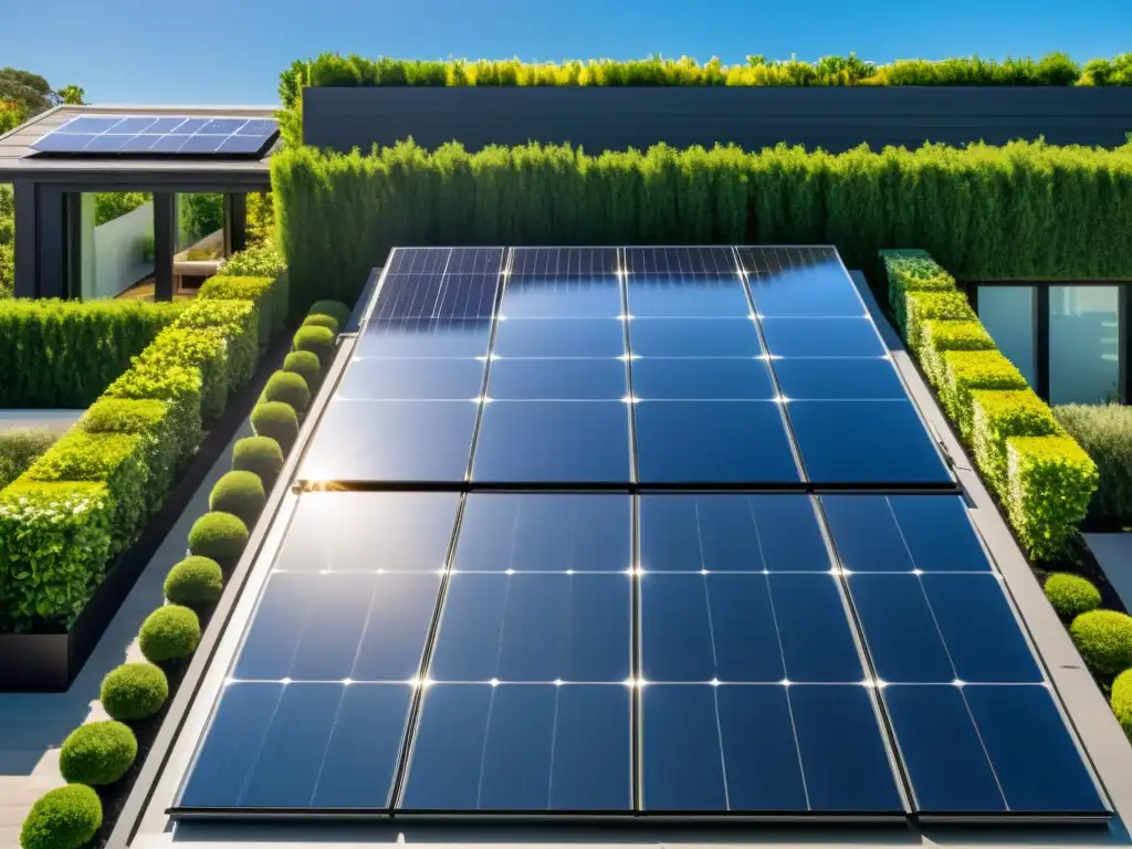 Paneles solares modernos en el techo de una casa contemporánea, bañados por la cálida luz del sol