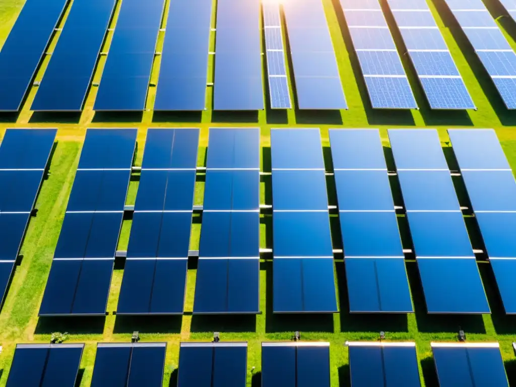 Paneles solares negros brillantes en campo soleado, reflejando luz