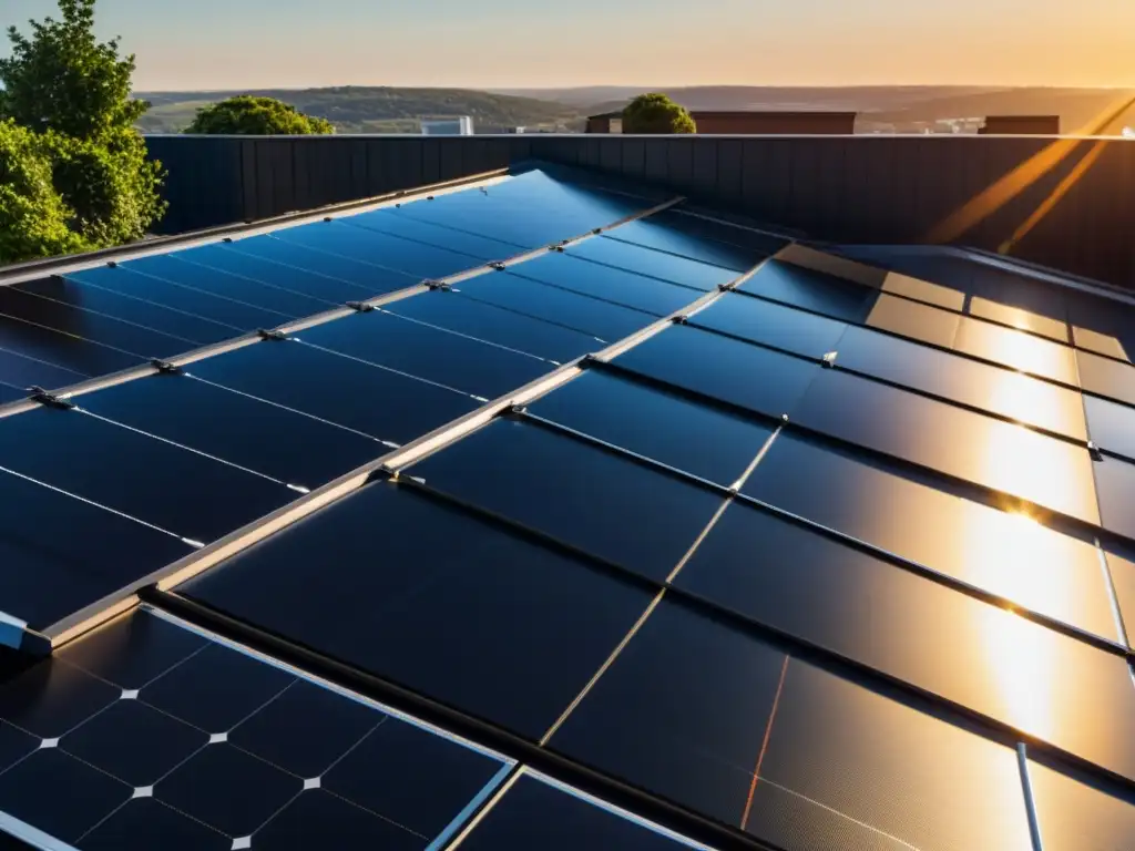 Paneles solares negros en un techo moderno, bañados por la cálida luz del sol, mostrando los beneficios de instalar paneles solares