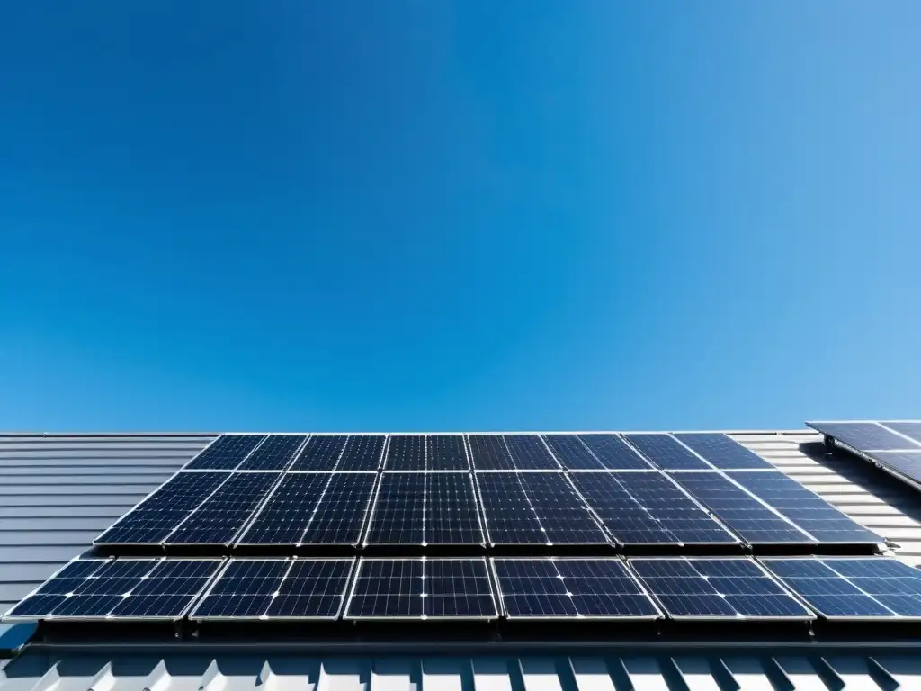 Paneles solares en tejado residencial moderno, integrados, relucientes bajo el sol