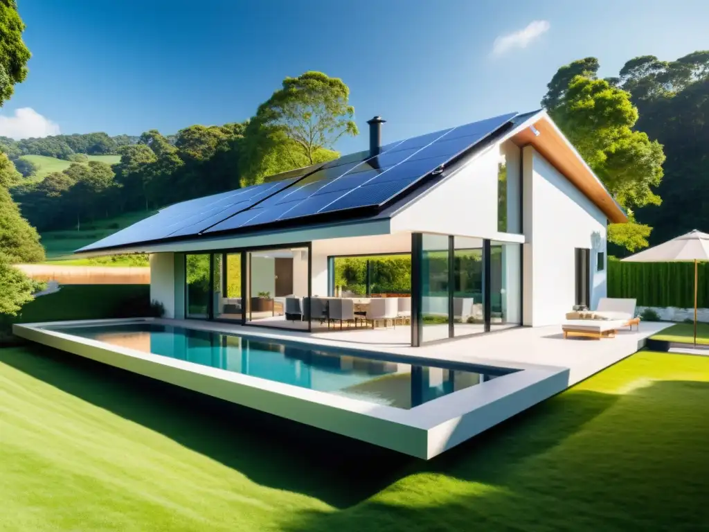 Paneles solares transparentes para hogar sostenible integrados en techo moderno, inundando de luz natural un interior elegante y sostenible