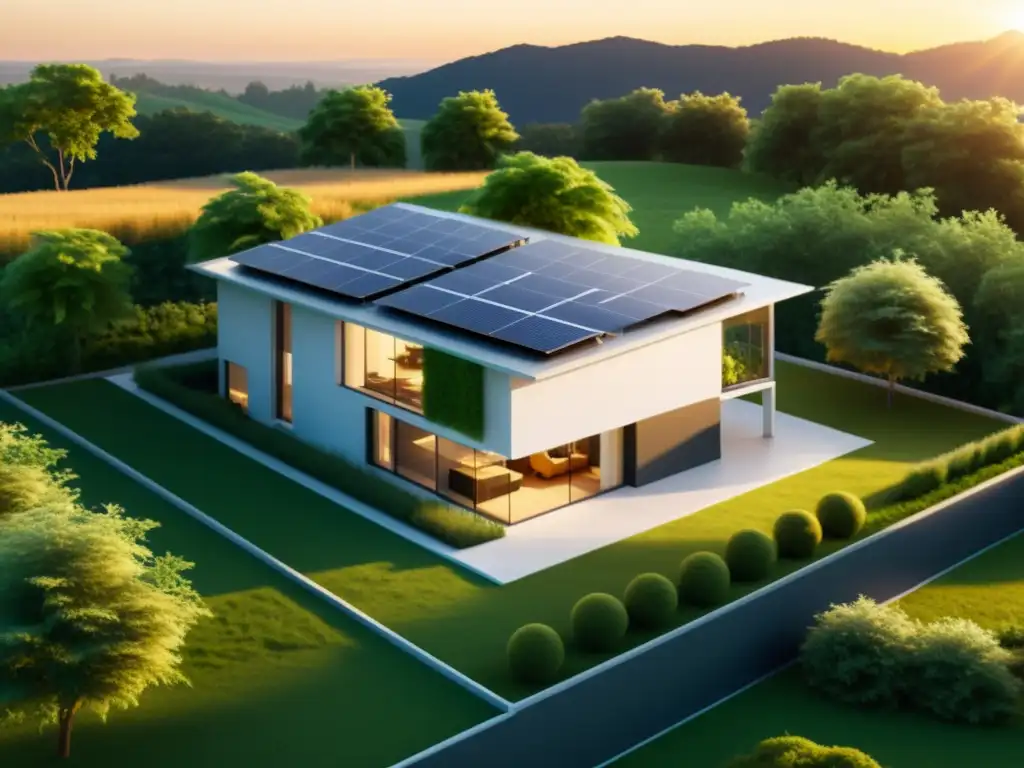 Casa ecológica con paneles solares, turbina eólica y planta de bioenergía para reducir huella de carbono, rodeada de exuberante naturaleza al atardecer