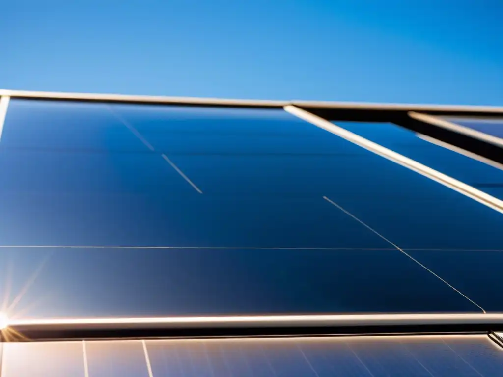 Paneles solares de última tecnología: Un panel solar negro con diseño futurista, detallado y eficiente, brillando bajo el sol en un cielo azul claro