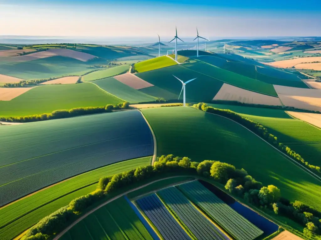 Panorama de campo europeo con energías renovables, líderes en energías renovables, molinos de viento y paneles solares bajo cielo azul