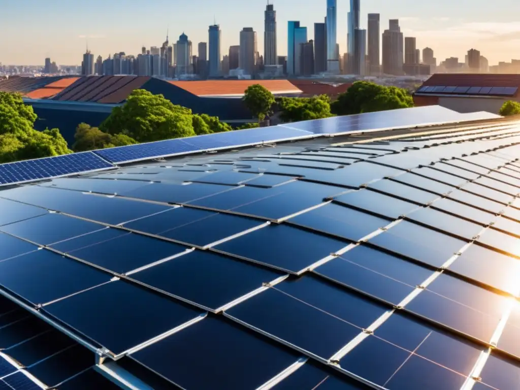 Panorámica de paneles solares en vecindarios urbanos, reflejando luz en la ciudad