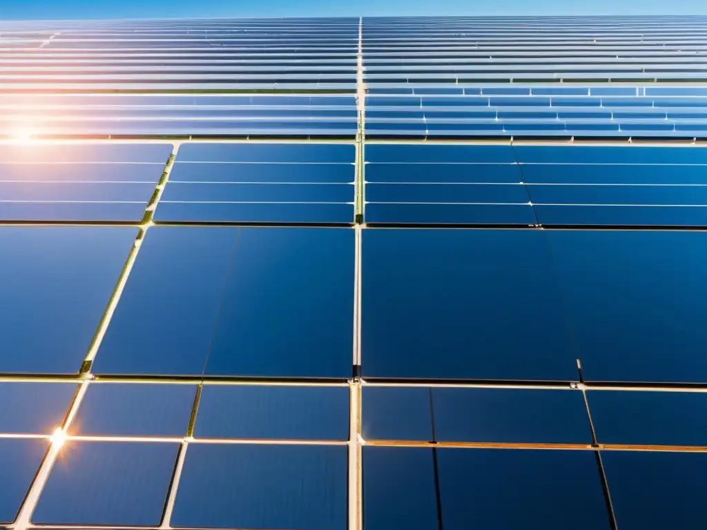 Panorámica serena de granja solar con paneles alineados, capturando energía bajo cielo azul