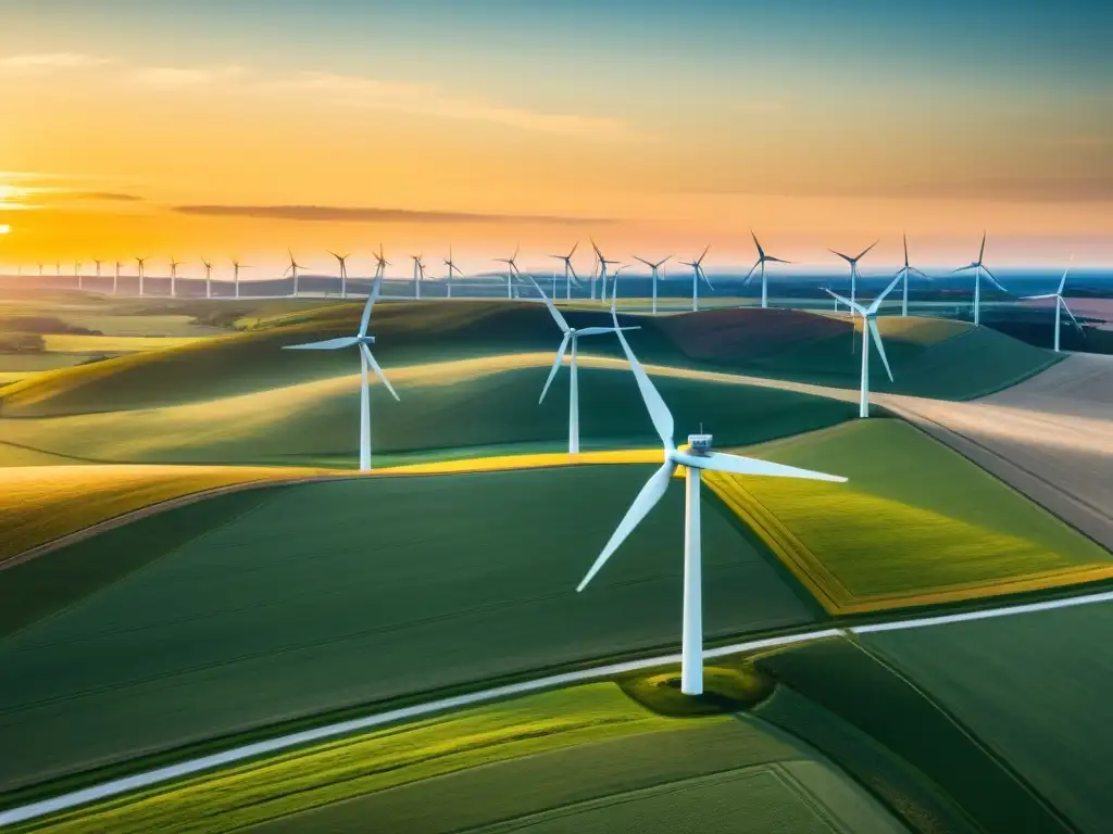 Panorámica de un vasto parque eólico danés al atardecer, simbolizando el éxito danés en energía renovable