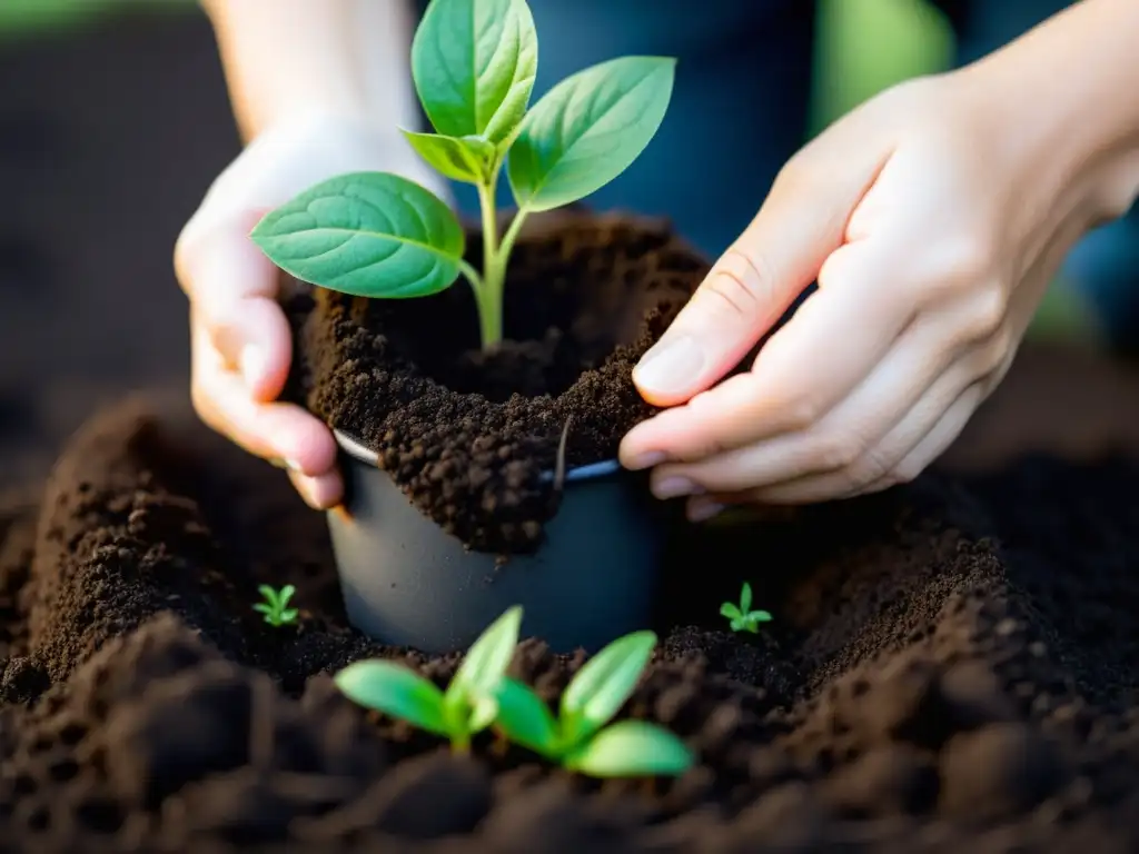 Un par de manos plantando con cuidado una plántula vibrante en tierra oscura, destacando la belleza de la jardinería responsable para hogar sostenible