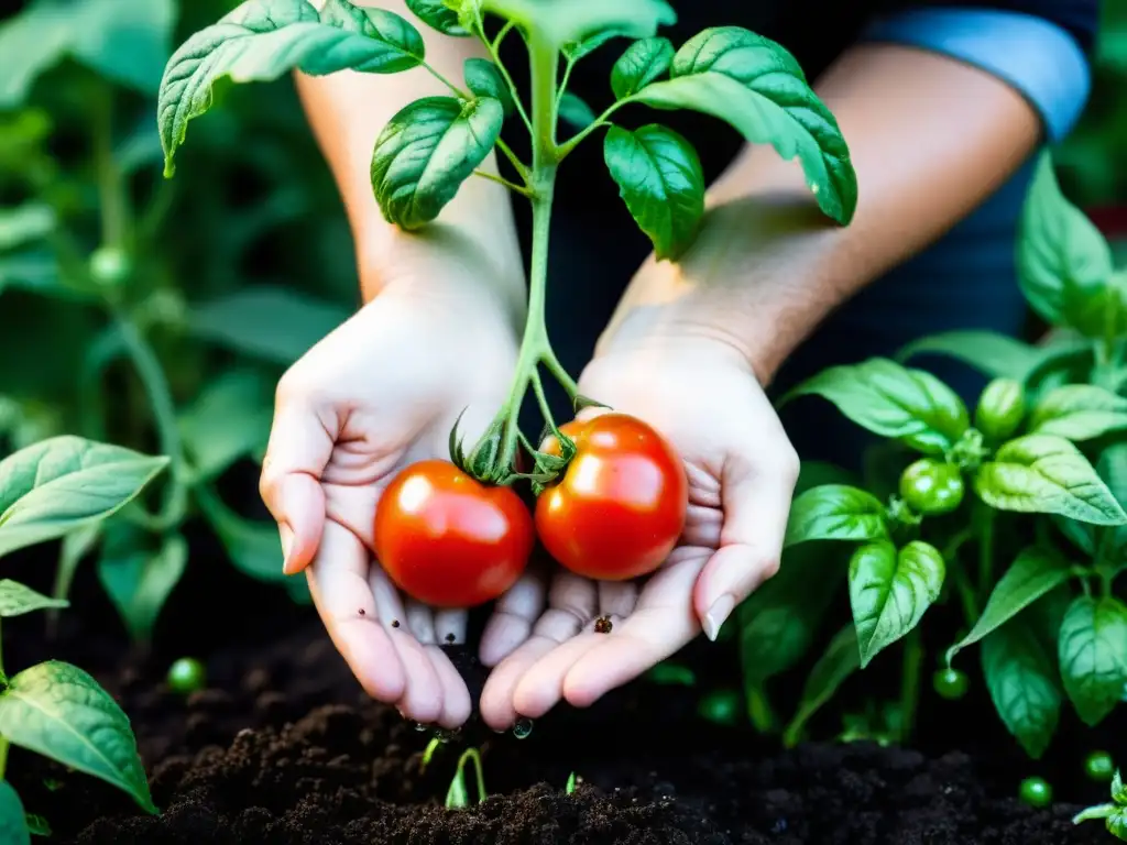 Un par de manos cuidadosas cultivan alimentos en huertos urbanos sostenibles, mostrando una cosecha abundante y vibrante