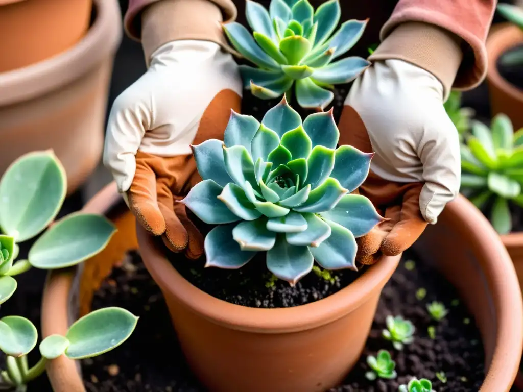 Manos cuidando planta suculenta en maceta Un par de manos cuidadosas riegan una suculenta verde en maceta de terracota