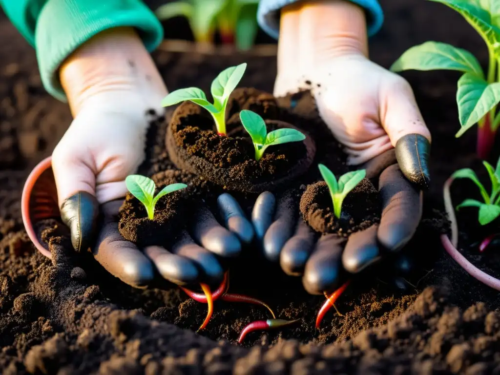 Un par de manos con guantes de jardinería giran suavemente la rica y oscura tierra de un lecho de jardín, mientras gusanos se retuercen